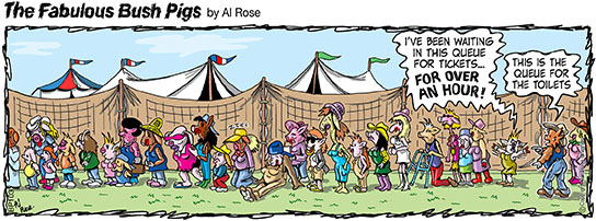 Suzie queues for tickets in toilet queue