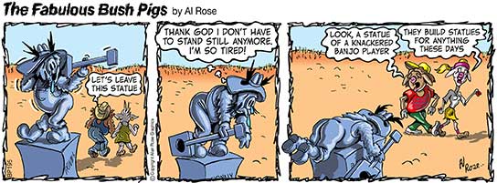 Ronny dresses as a statue has a rest. Pigs say "Statue of Tired Banjo Player"